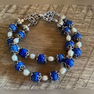 Vintage Bracelet Women’s 7” Sterling Silver 925 Blue Lapis Lazuli Pearls